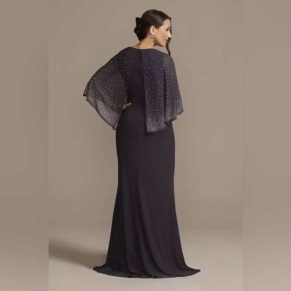 OLEG CASSINI Jersey Cape‎ Gown Sparkle Embellishment 20 20W Wedding Party Blue - Picture 3 of 11